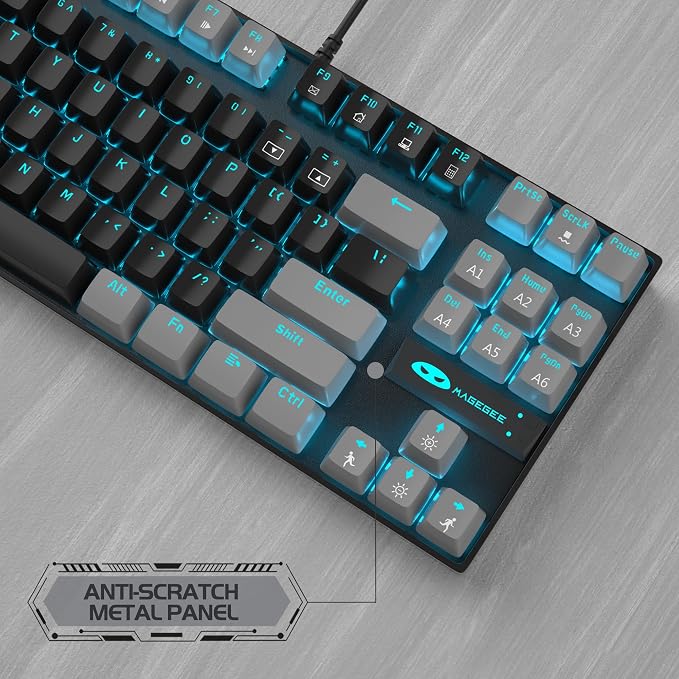 MageGee 75% Mechanical Gaming Keyboard, Red Switch, LED Blue Backlit, 87 Keys Compact TKL Wired Computer Keyboards for Windows Laptop PC Gamer - Black/Grey