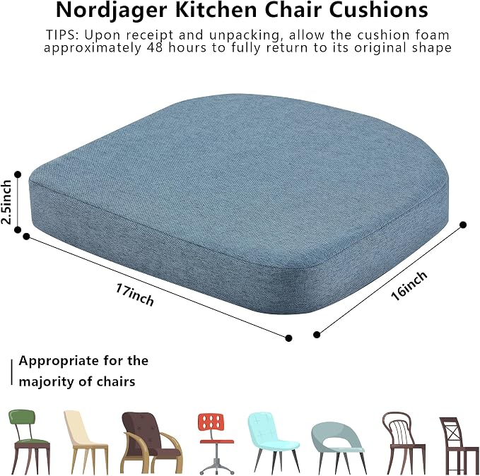 Nordjager Chair Cushions for Dining Chairs, 4 Pack Memory Foam Cushion | 2.5" Thick Chair Cushion; Waterproo Surface with 17" x 16" Size for Kitchen & Dining Chairs, Secure Ties and Washable Cover.
