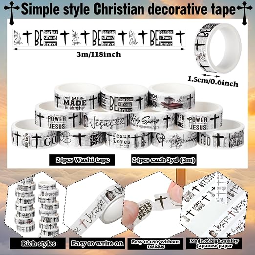 24 Rolls Back to School Christian Washi Tape Gifts Bulk Graduation VBS Religious Scripture Bible Verse Black White Cross Washi Tape for Bible Journaling Crafting Students Study Stationery