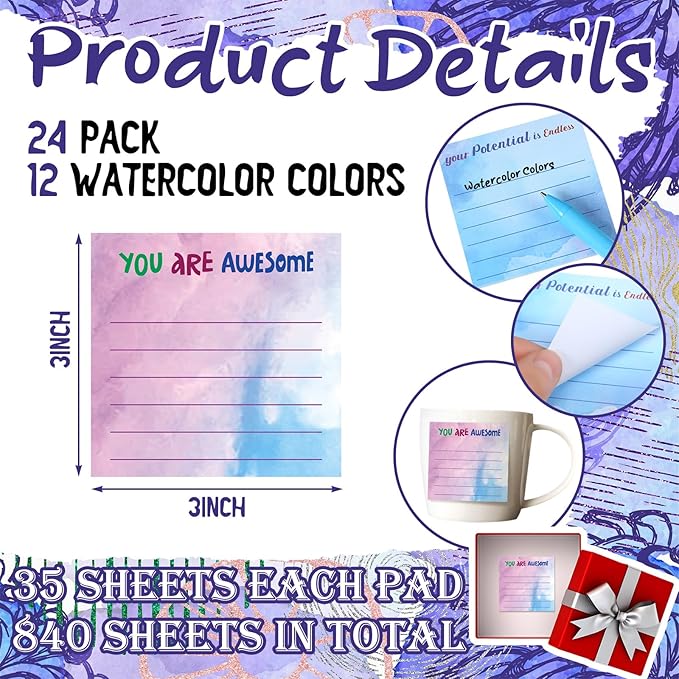 Yinder 12 Pcs Inspirational Sticky Notes Thank You Gift Motivational Sticky Note Pad Employee Appreciation Gift Bulk for Staff Coworker Teacher Nurse Office Groups 3 x 3'' (Appreciation,Watercolor)