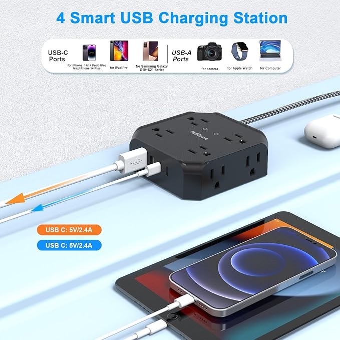 Surge Protector Power Strip-15 Ft Flat Plug Extension Cord with 8 Widely Outlets and 4 USB Ports(2 USB C) Multi Plug Outlet Extender for Office, School, Travel and Dorm Room Essentials-Black