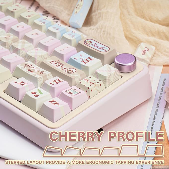 Dye Sub PBT Keycaps Set 145 Keys, Cute Pink Keycap, Cherry Profile Custom Keycaps 60 65 75 100 Percent for 61/64/68/84/87/100/104/108 ANSI ISO Layout MX Switches Gaming Mechanical Keyboard