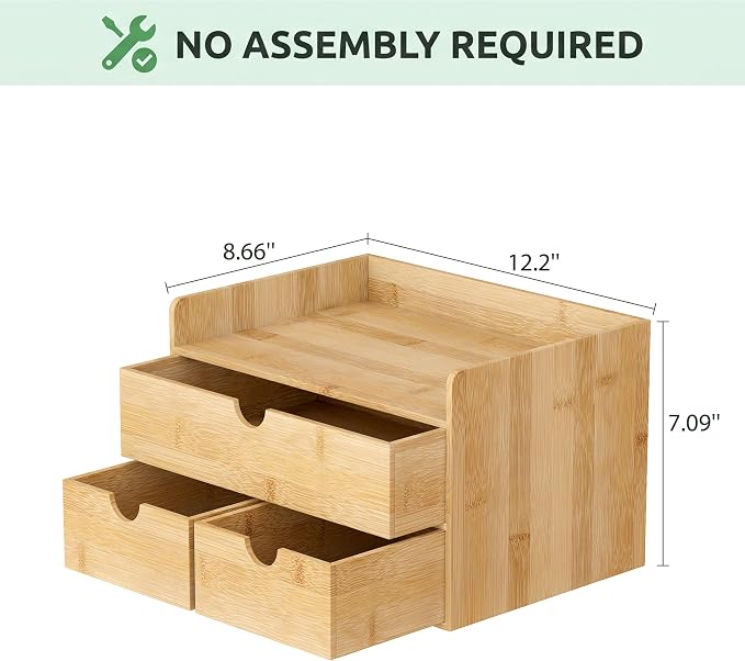 Desk Organizer with Drawers - Bamboo Desktop Organizer Storage | Wood Desk Drawers Organizer for Bills, Office Supplies, Cosmetics, Seals No Assembly Required