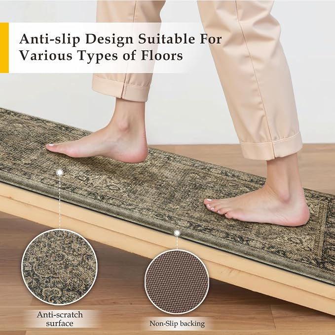 Vintage Kitchen Mats for Floor Anti Fatigue Waterproof Kitchen Rug Brown Cushioned Non-Slip Kitchen Mats Comfort Standing Mat for Sink Laundry Office 17.3"×47"