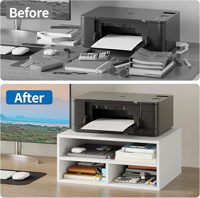 ALISENED Printer Stand for Desk, 2-Tier Wooden Desk Organizer with Adjustable Compartments, Heavy Duty Desktop Stand for Printer Scanner Monitor, Space Saving Office Organization and Storage, White