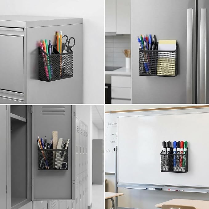 Neudeco Magnetic Pen Holder, Black, 2 Pack, 3-Compartment Metal Mesh | Magnetic Organizer for Whiteboard, Refrigerator, Locker & Filing Cabinet, Dry Erase Marker Holder