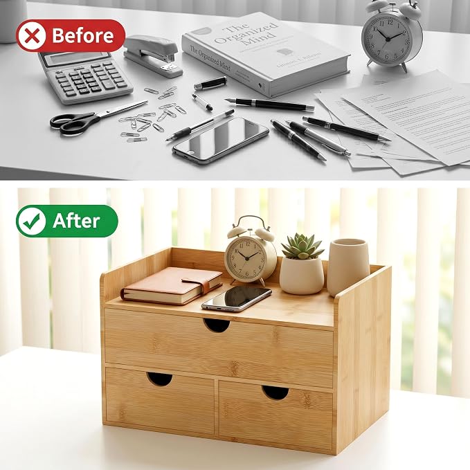 Desk Organizer with Drawers - Bamboo Desktop Organizer Storage | Wood Desk Drawers Organizer for Bills, Office Supplies, Cosmetics, Seals No Assembly Required