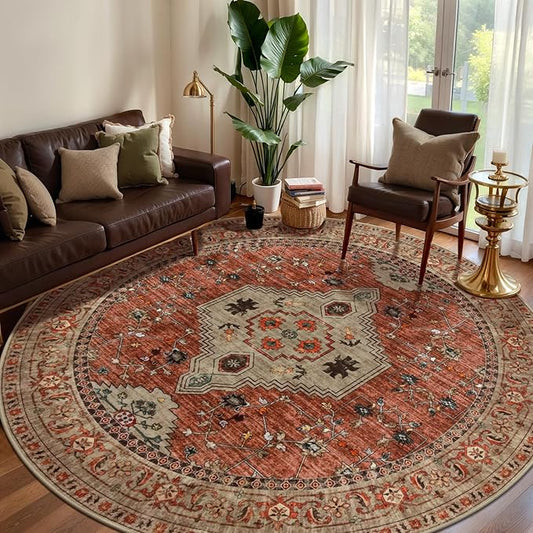 Tangsoo Round Area Rug 6ft,Washable Circle Rug, Vintage Non Slip Boho Round Rug,Low Pile Circular Rugs,Large Round Rugs Carpet for Livingroom,Bedroom,Nursery,Dorm,Office,Terracotta