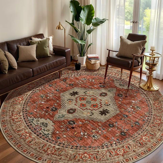 Tangsoo Vintage Round Rugs 8ft, Washable Circle Rug, Non Slip Boho Round Area Rug,Low Pile Circular Rugs,Large Round Rugs Carpet for Livingroom,Bedroom,Nursery,Dorm,Office,Terracotta