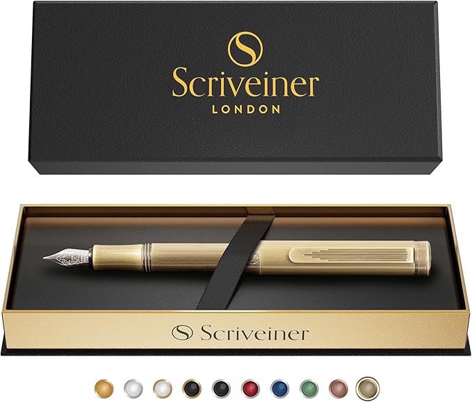 Scriveiner Luxury EDC Fountain Pen (Fine), Bronze Pocket EDC with Hand Brushed Finish, Schmidt German Nib Converter, Best Writing Gift Set for Men & Women, Fancy Pen for the Office & Journaling