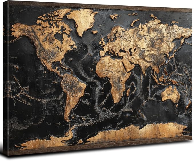 AREBOLO Modern Men Office Wall Art World Map Wall Decor Black and Gold Map of the World Picture Canvas Prints Poster for Living Room Home Decorations 24x36”, Retro Abstract Nautical Painting Artwork