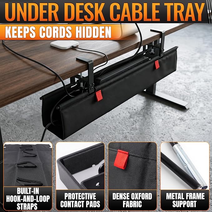 Under Desk Cable Management Tray 28" — No Drill Clamp-On Cord Organizer for Desk with Built-in Ties, Heavy Duty Metal Clamp, Foldable 600D Oxford Fabric for Home Office, WFH & Gaming PC Setup (Black)