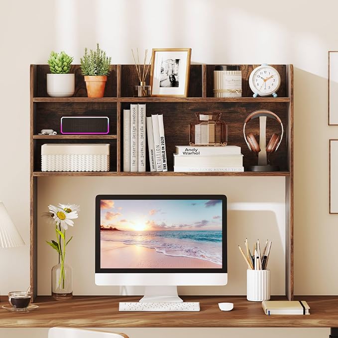Tangkula Desktop Bookshelf for Computer Up to 32”, 37” Countertop Storage Hutch with 6 Storage Shelves, 3-Tier Desktop Organizer Display Rack, Wooden Desk Hutch for Dorm Home Office (Rustic Brown)