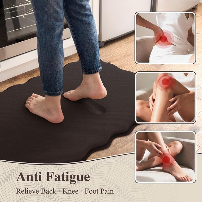 KIMODE Anti Fatigue Kitchen Mats for Kitchen Floor,Scalloped Kitchen Rugs Sets of 2 Non Slip,Cushioned Padded Memory Foam Kitchen Floor Mat Carpet for Office Laundry Sink,Brown
