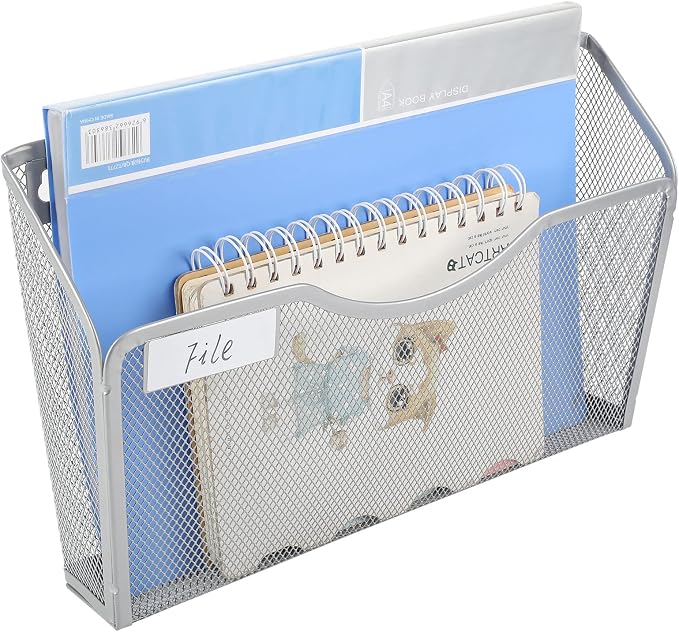 EasyPAG 6 Pack Wall File Organizer with Label Panel, Metal Mesh Hanging File Folder Holder for Letter/A4 Size Folders, Vertical Wall Mount Mail Sorter for Office Paperwork, Classroom, Silver