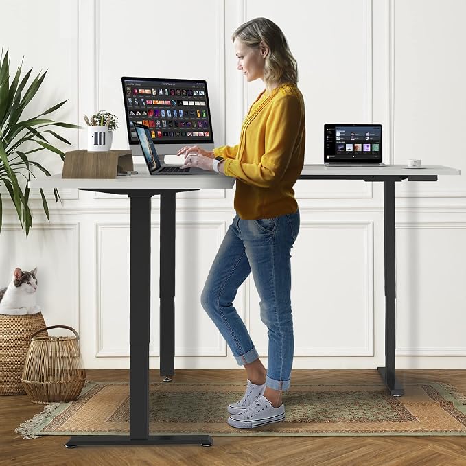 AVLT 47″ Electric L-Shaped Standing Desk (65 "x 70.9") – Motorized Triple-Motor Height Adjustable Sit-Stand Corner Workstation, Swappable Mid-Foot Design, Frame Only (Black)