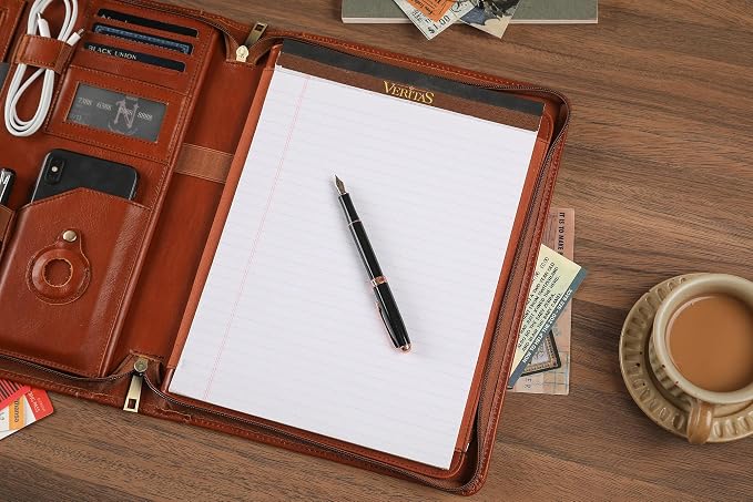 Leather Portfolio for 13-in iPad Pro M4/M5 & 13-in iPad Air M2/M3, Leather Padtfolio with ipad Holder for Letter Size Notepad, Personalized Padfolio for Men - Oil Brown