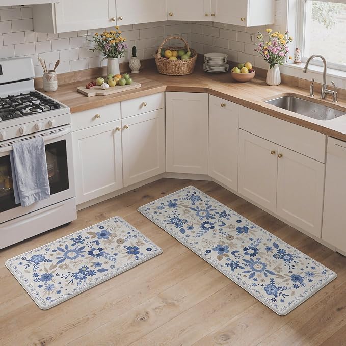 GENIMO Anti Fatigue Kitchen Mats for Floor 2PCS, Cushioned Standing Mats | 17.3"x47"&17.3"x30", Beige Blue vintage floral rug set, waterproof, non slip, easy-clean for farmhouse