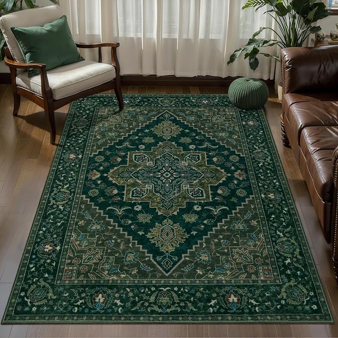 Tangsoo 3x5 Washable Rug Indoor Area Rugs, Vintage Non Slip Accent Rug Carpet, Oriental Soft Low Pile Rugs for Living Room Dorm Bedroom Bedside Entryway Bathroom Home Decor Dark Green