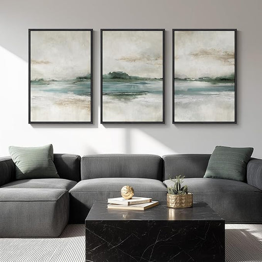 Large Framed Abstract Landscape Wall Art, 3 Piece Canvas Prints Paintings Artwork for Walls, Soft Blue and Green Nature Lake Pictures for Living Room Dining Bedroom Home Office Wall Decor 20x30 In