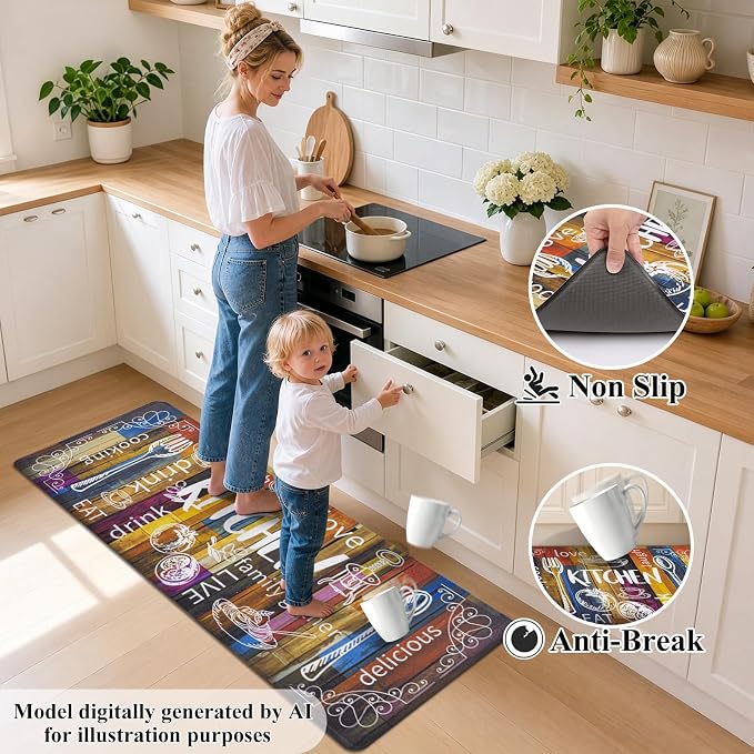 HEBE Anti Fatigue Kitchen Rugs Set of 2, Non Slip Cushioned Kitchen Mats for Floor, Waterproof Farmhouse Comfort Standing Desk Mat for Kitchen Sink,Office,Laundry