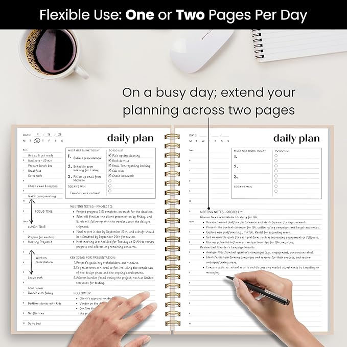 Undated Daily Planner | 2026 Calendar | Large Daily and Monthly Planner with Hourly Schedule, 8.5" x 11" | 6 Month, Full Page a Day, To do List, Time Blocking, Beige Aesthetic Hardcover Spiral Notebook