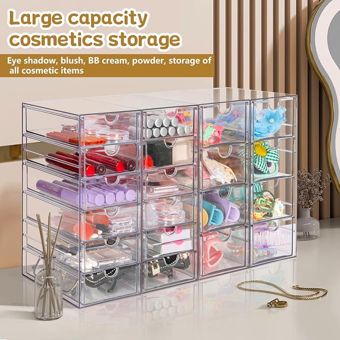 VZKAH Clear Acrylic Desk Organizer with 20 Drawers, 4 Modular Units | 4-piece clear drawer set for office supplies, crafts, makeup, and small daily items on desks, vanities, counters
