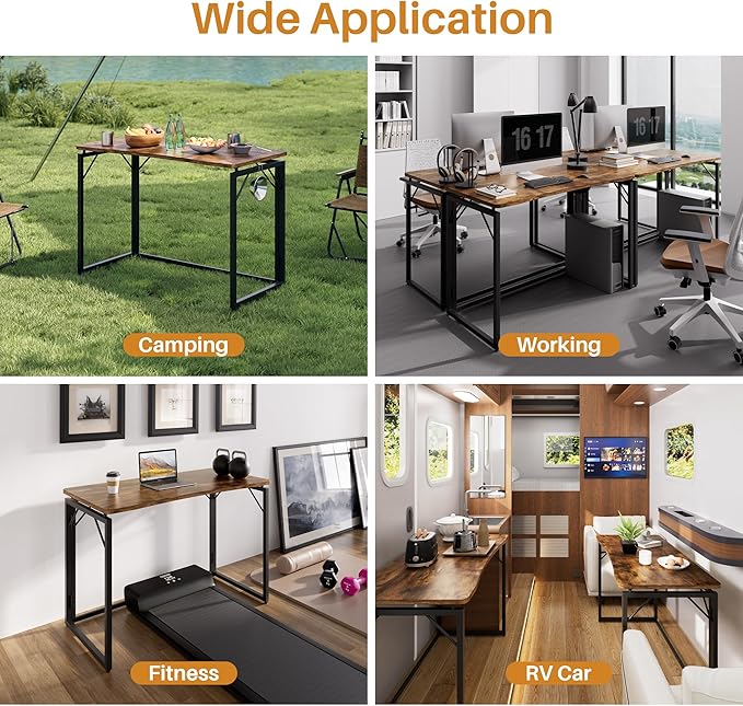 JOYMOOP Folding Desk Rustic Brown - 31.5", No Assembly Small Foldable Desk for Home, Office, Wooden Top Folding Computer Desk for Working, Writing, Studying
