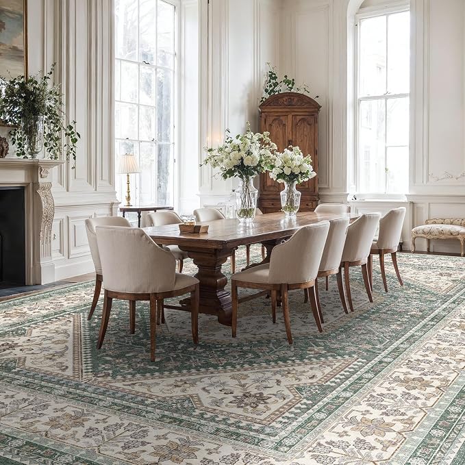12X15 Area Rug for Living Room: Large Washable Oriental Rugs for Bedroom Non Slip Backing Stain Resistant Indoor Soft Floor Carpet for Dining Table Nursey Dorm Kitchen Low Pile Green/Beige