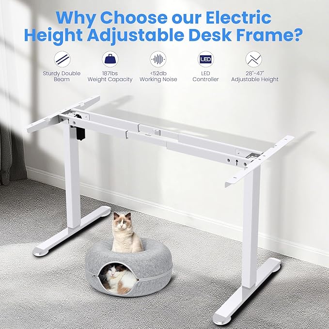 Electric Standing Desk Frame,Compatible Desktop Size 43″-72″ and 187 lbs Weight,Memory Controller Height Adjustable Frame,White Frame Only