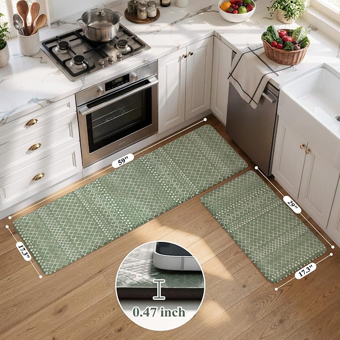 KIMODE Anti Fatigue Kitchen Mats for Floor, Boho Kitchen Rugs Sets of 2, Cushioned Kitchen Floor Mats, Comfort Standing Mat for Sink Laundry Office Desk Green 17"x59"+17"x29"