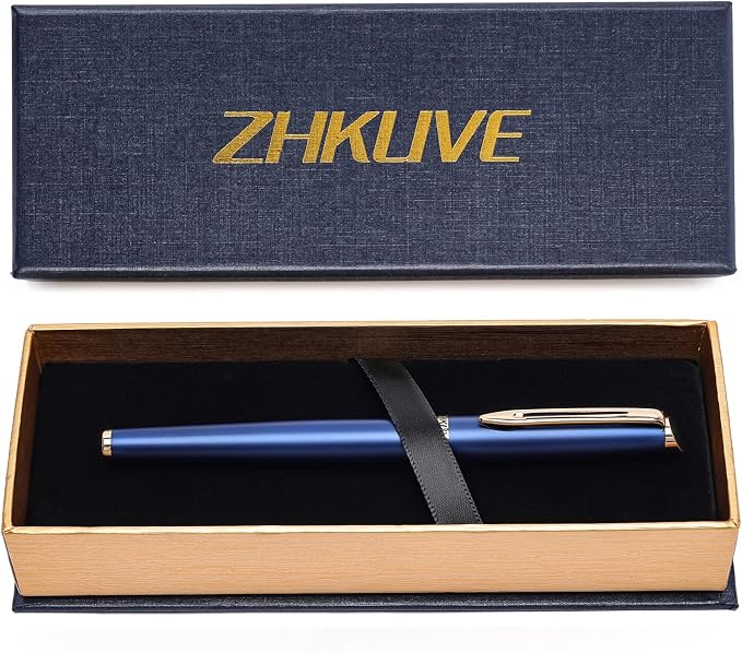 ZHKUVE Luxury Rollerball Pen, Stunning Blue Lacquer with 24K Gold Trim, Switzerland Tip with Black Ink Refills, Elegant Gift Set for Men & Women, Executive Writing