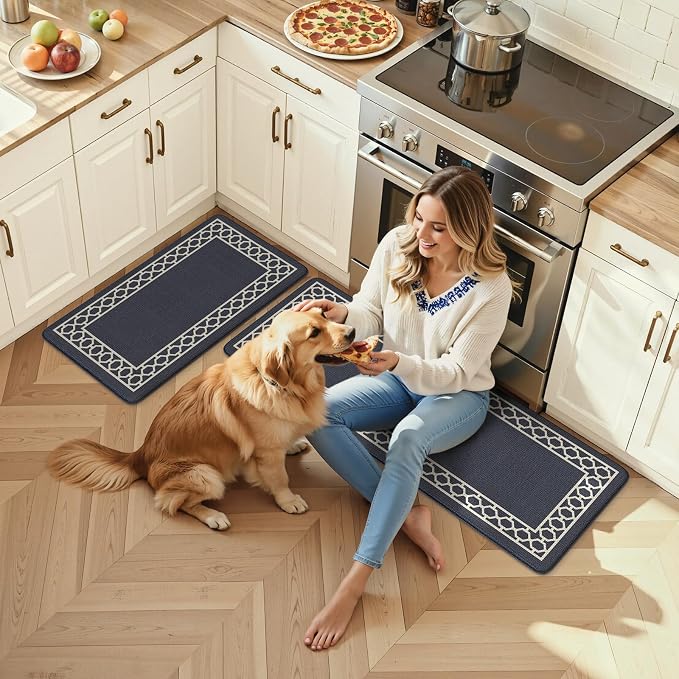 LEEVAN Anti Fatigue Kitchen Mats for Floor, Cushioned Kitchen Mat Set 2PCS | 20"x31"+20"x47", Boho Navy Blue Kitchen Rugs Non-Slip Comfort, Waterproof Ergonomic Standing Mats for Laundry, Office & Sink