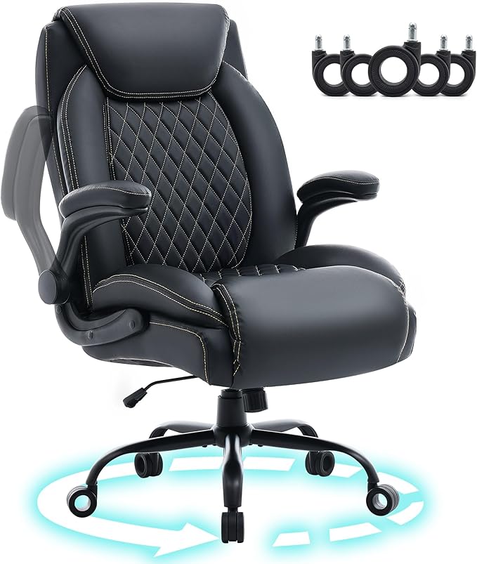 Big and Tall Office Chair 600lbs, Heavy Duty Ergonomic Executive Desk with Adjustable Armrests, Wide Seat, PU Leather Fabric, Adjustable Height, Comfortable Office Chair for Heavy People