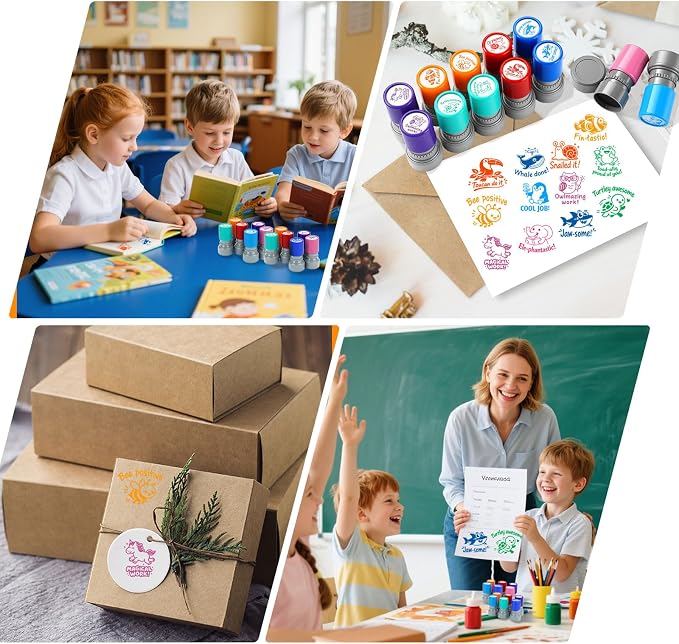 12Pcs Animal Teacher Stamps for Classroom, Teacher Appreciation Gifts, Self Inking Grading Stamps Set | Motivational Student Reward Stamps with Bees Sharks Owls, Classroom Essentials for Elementary