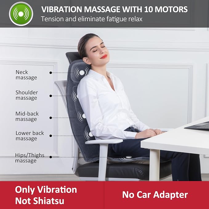 Snailax Massage Seat Cushion with Heat - Extra Memory Foam Support Pad in Neck and Lumbar,10 Vibration Massage Motors, 2 Heat Levels, Back Massager Chair Pad for Back | 【Gift for Men Women】10 Vibration Motors, 5 Massage Modes, Adjustable 3 Intensity, G...