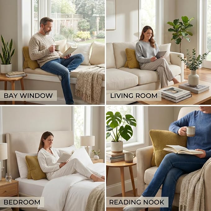 Pat. Pend. Corduroy Lumbar Support Back Pillow for Reading & Lounging, Ergonomic Triangle Cushion for Sofa, Armchair & Bed Sitting, Removable Washable Cover, Mustard Yellow