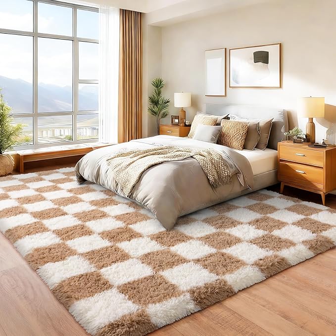 Area Rugs for Living Room 9x12, Ultra Fluffy Shag Checkered Rug Modern Washable Carpet Soft Shaggy Non Slip Indoor Plush Fuzzy Rugs for Bedroom Dorm Office Home Aesthetic Decor, Cream and Camel