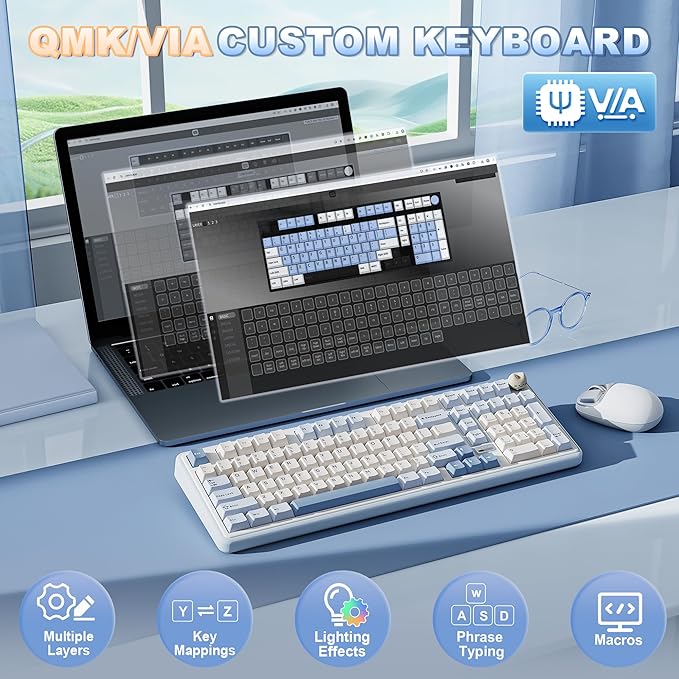 YUNZII B98 PRO QMK/VIA Wireless Mechanical Gaming Keyboard,96% Layout with Numpad and Cute Cat Knob, BT/2.4G/USB-C,Linear Switch Hot Swap Gasket,RGB for Win/Mac (Blue, Milk V2 Linear Switch)