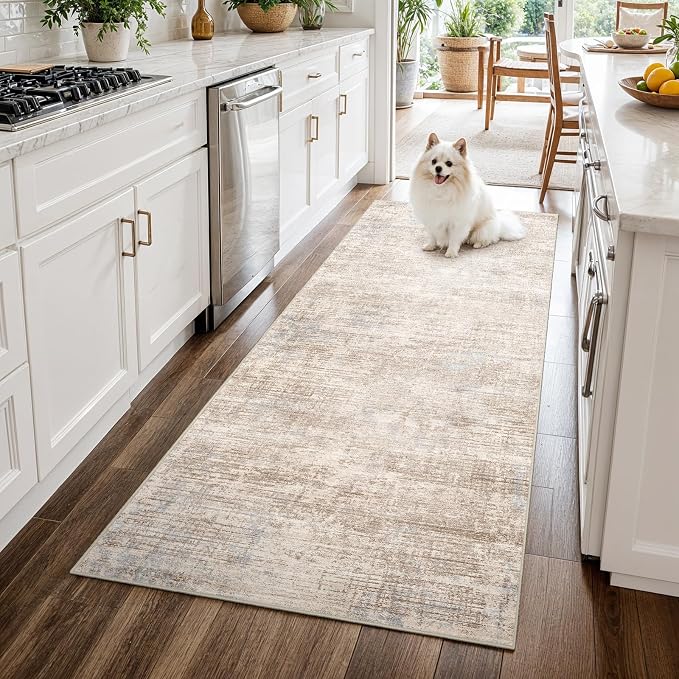 3x6 Hallway Washable Runner Rug - Non-Slip Kitchen Rugs with Rubber Backing Abstract Neutral Low-Pile Carpet Runners for Laundry Room Home Decor Bedroom Bathroom Entryway (Ivory Beige Distressed,3x6)