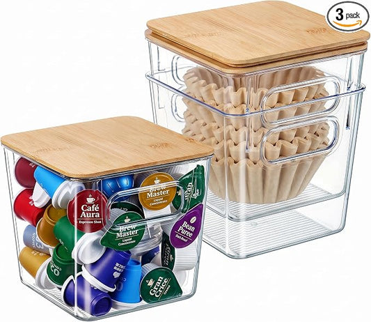 Qilinba 3 PACK Coffee Pod Holder K Cup Organizer Large Capacity Clear Storage Container Bins with Bamboo Lids for Coffee Bar Organization and Storage