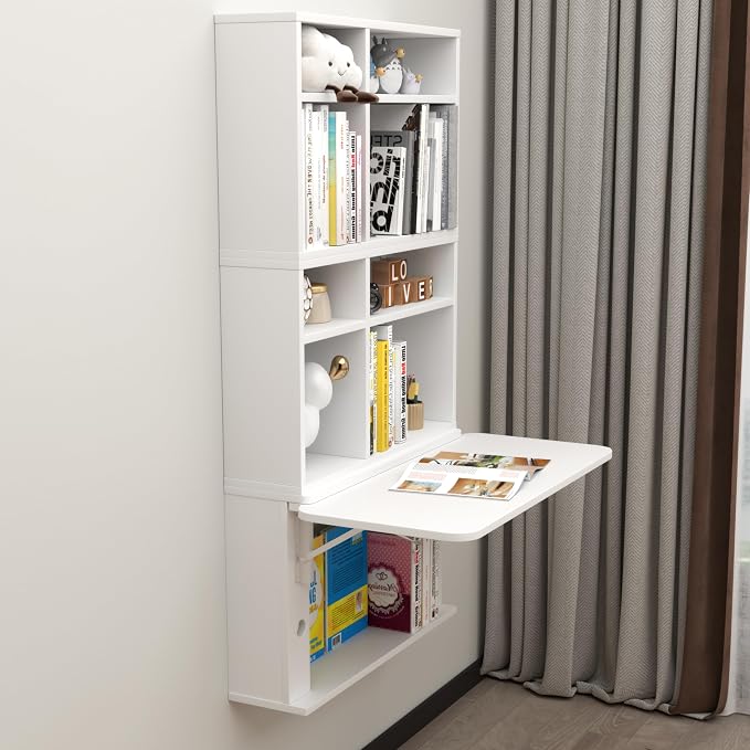 Floating Desk with Storage Shelves, 81'' Wall Mounted Desk Laptop Writing Study Table, Folding Drop Leaf Table, Multifunctional Computer Workstation for Narrow Small Space