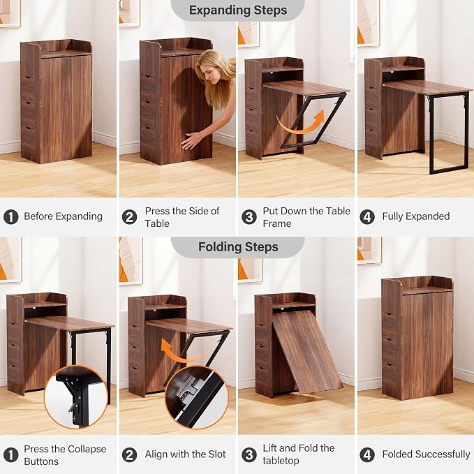 LAUSAINT HOME Wall Mounted Foldable Desk, Space Saving Hidden Desk with Storage & Power Outlet, Fold Out Table for Small Spaces, Home Office Bedroom (Walnut)