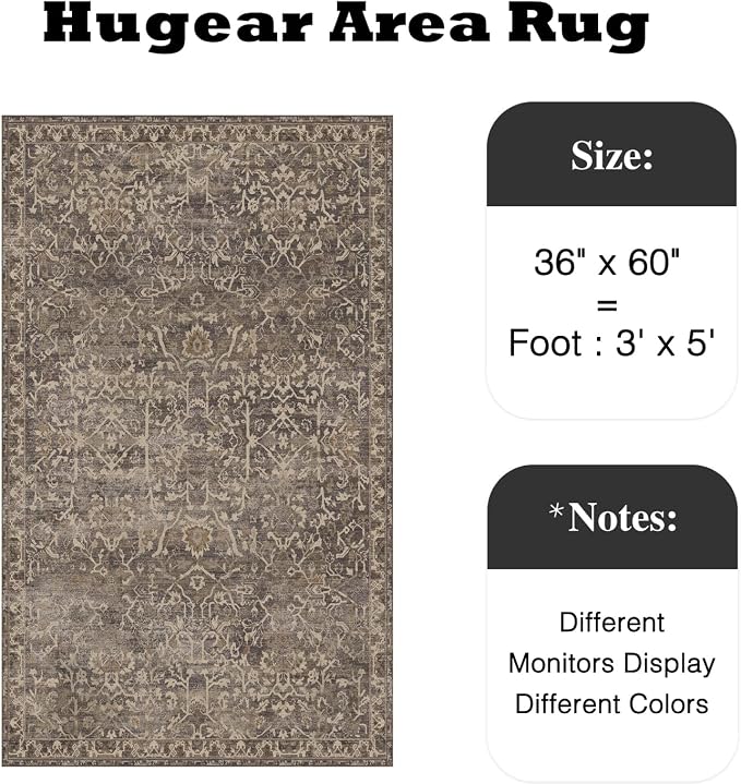 HUGEAR 3x5 Entryway Area Rug Retro Brown Small Rug Machine Washable Door Mat Vintage Floral Low Pile Carpet Vacuumable Distressed Throw Rug Entrance Kitchen Bedroom Bathroom Non Slip Lightweight