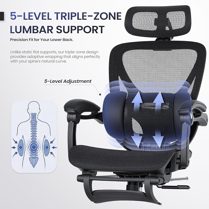 MALOL Ergonomic Mesh Office Chair with Footrest, Executive High Back Computer Desk Chair with 3D Adjustable Headrest & 5-Level Lumbar Support, Reclining Tilt Lock, 3D Arms, 300LBS Capacity, Black