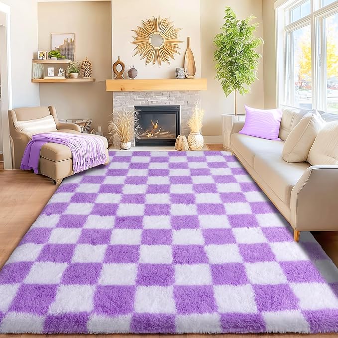 Area Rugs for Living Room 9x12, Ultra Fluffy Shag Checkered Rug Modern Washable Carpet Soft Shaggy Non Slip Indoor Plush Fuzzy Rugs for Bedroom Dorm Office Home Aesthetic Decor, White and Purple