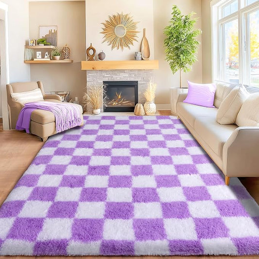 Area Rugs for Living Room 8x10, Ultra Fluffy Shag Checkered Rug Modern Washable Carpet Soft Shaggy Non Slip Indoor Plush Fuzzy Rugs for Bedroom Dorm Office Home Aesthetic Decor, White and Purple
