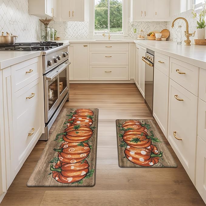 SHACOS Fall Anti Fatigue Kitchen Mats Orange Pumpkins, 17x27.5+17x47 | Wood Board Autumn Harvest Cushioned Kitchen Rugs Set of 2 Non Slip Kitchen Floor Mat Ergonomic Standing Mats