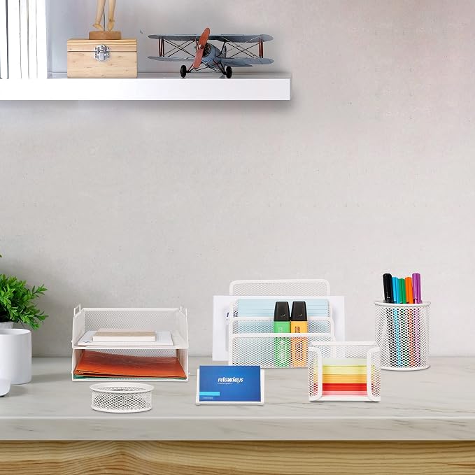 Relaxdays Desk Organiser Set, 100% steel, White, 8.5 x 26.5 x 33.5 cm