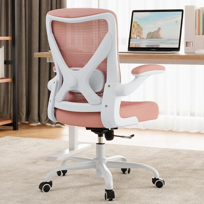 Office Chair Ergonomic Desk Chair Comfy: 330LBS Mesh Computer Chair Ergonomic Gaming Chairs with Wheels Adjustable Lumbar Support and Flip up Armrest-Swivel Executive Chairs Long Hours(Light Pink)